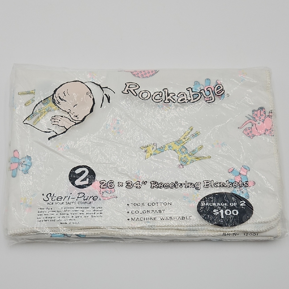 Vintage Rockabye Baby Receiving Blankets 26 X 34" Package Of 2 Bear Elephant